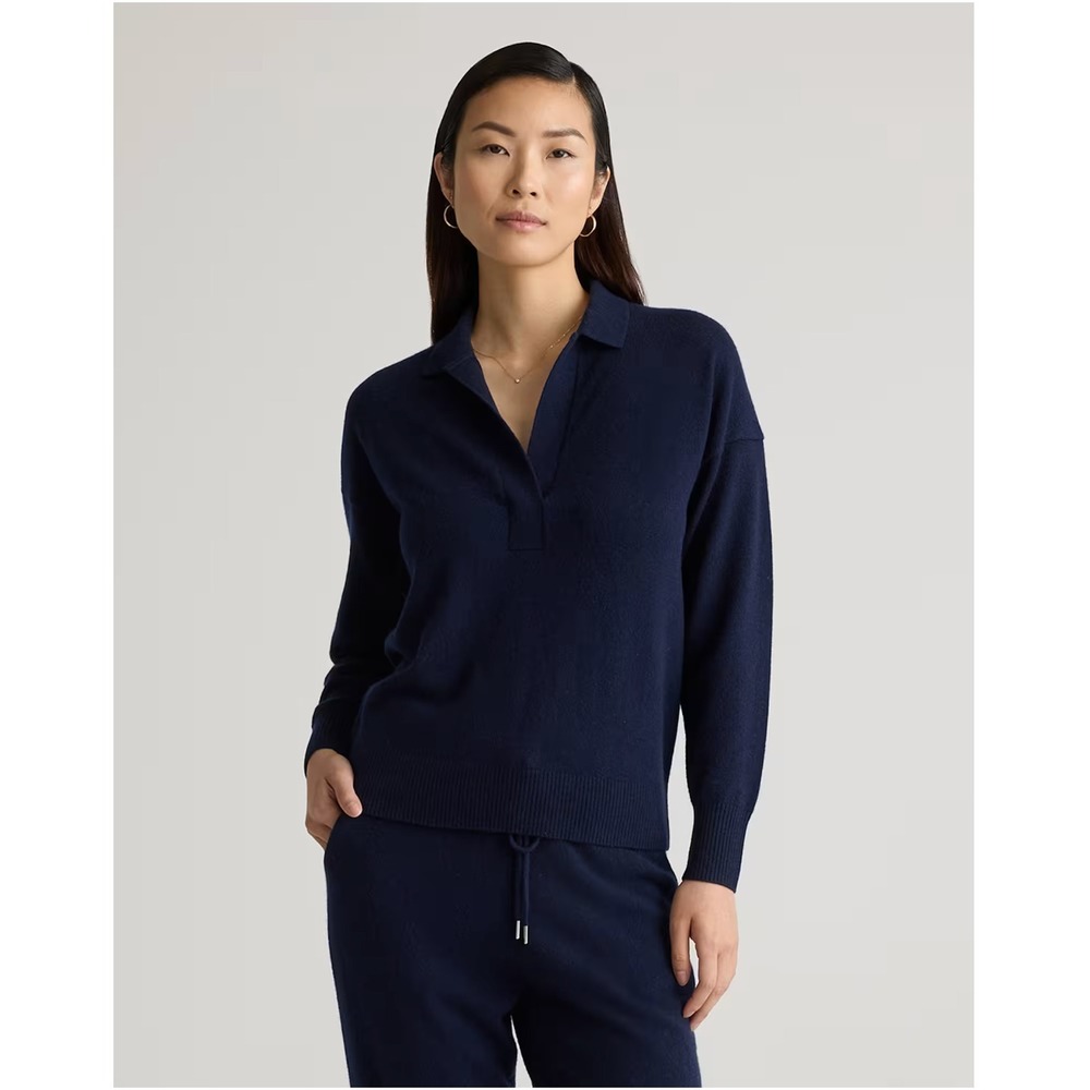 Quince 100% Mongolian Cashmere Polo Sweater Navy Medium Soft Minimal Luxury - Picture 6 of 6